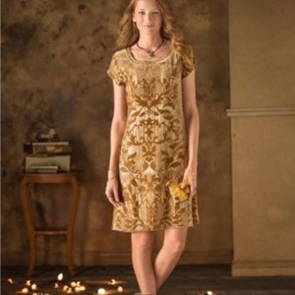Sundance Gold Floral Burnout Velvet & Silk Beaded Embellished Dress Size 16
